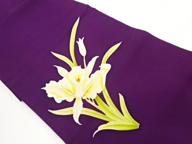 Nagoya obi with Shise hand-painted lily pattern